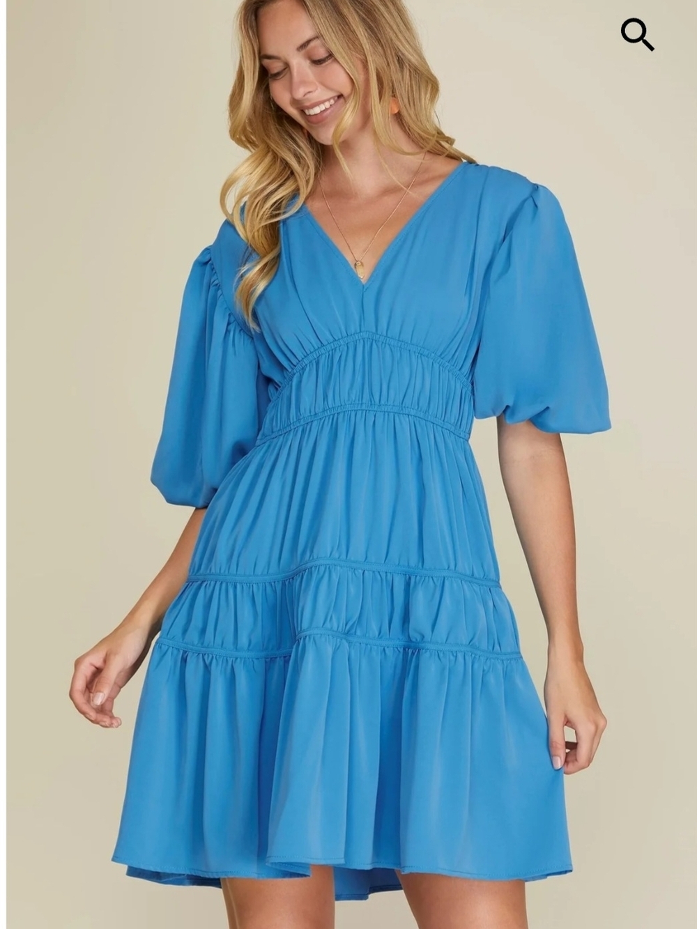 Japna Bright Blue V-Neck Tiered Mini Dress